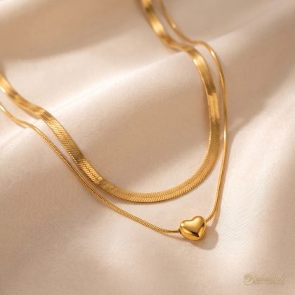 Gold Heart Double Layer Necklace — Snake Chain & Herringbone