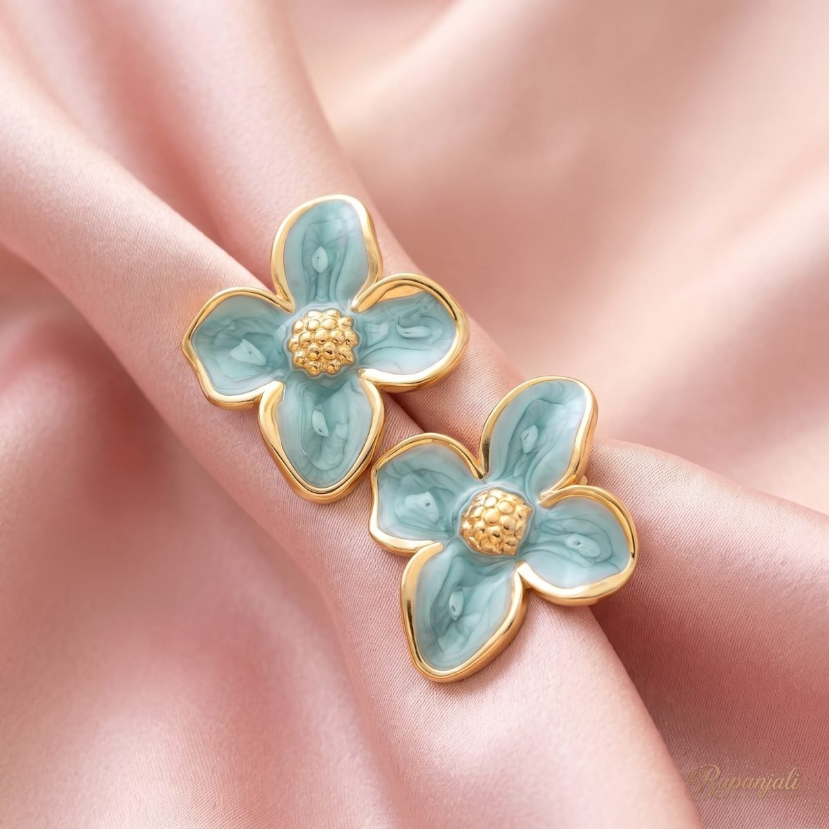 Aqua Enamel Flower Stud Earrings — Marbled Petals in Gold 4