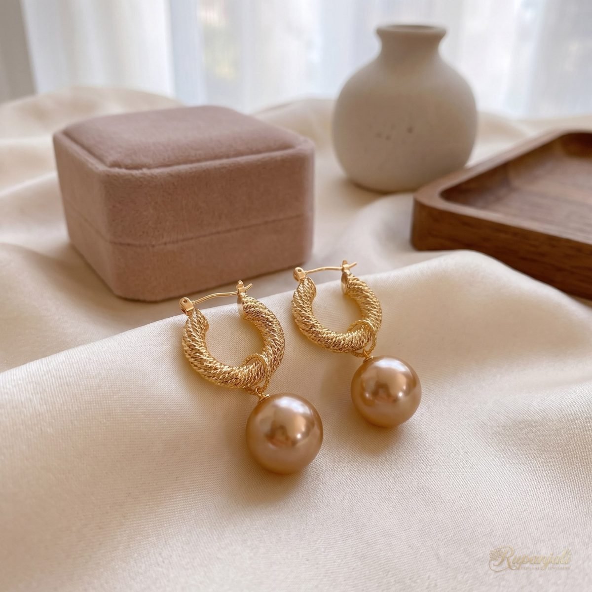 French Pearl Drop Hoop Earrings — Twisted Rope Huggies 2