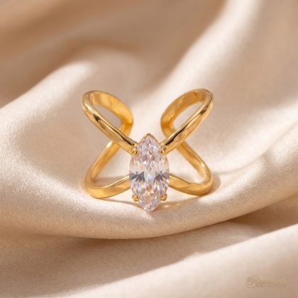 Gold Cross X Zircon Ring — Criss-Cross Marquise Statement