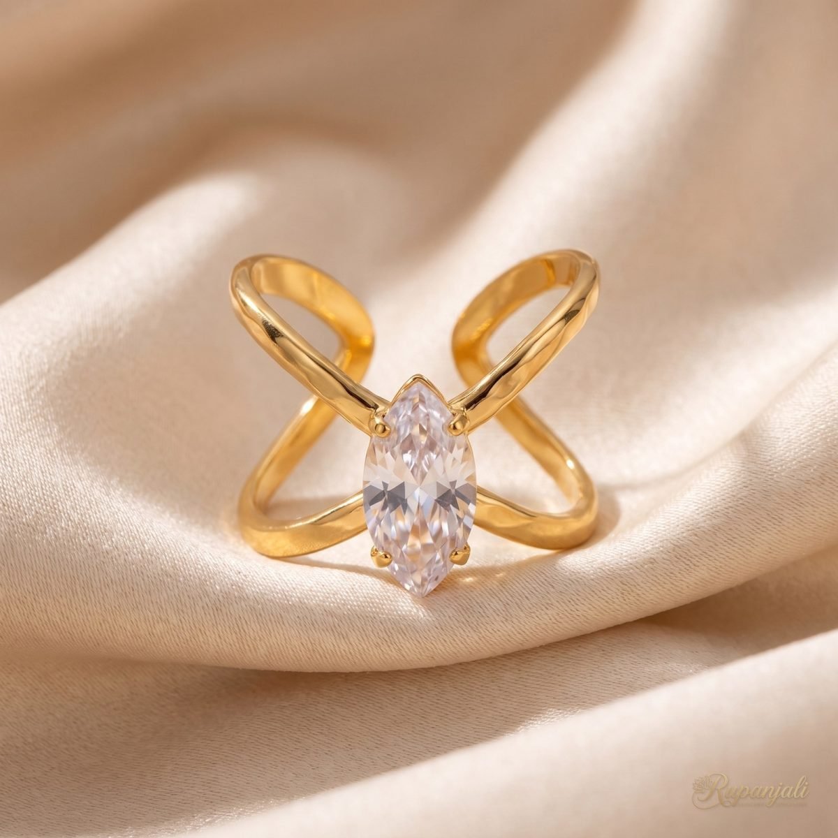 Gold Cross X Zircon Ring — Criss-Cross Marquise Statement 1