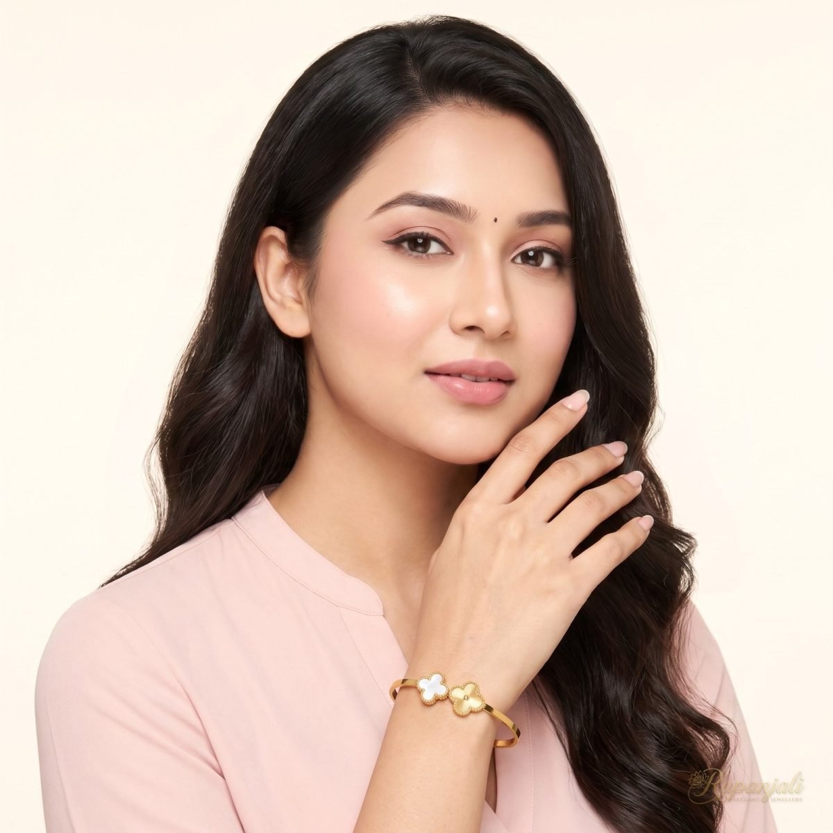 Gold Clover Bangle with Mother of Pearl — Spring Open Cuff 5