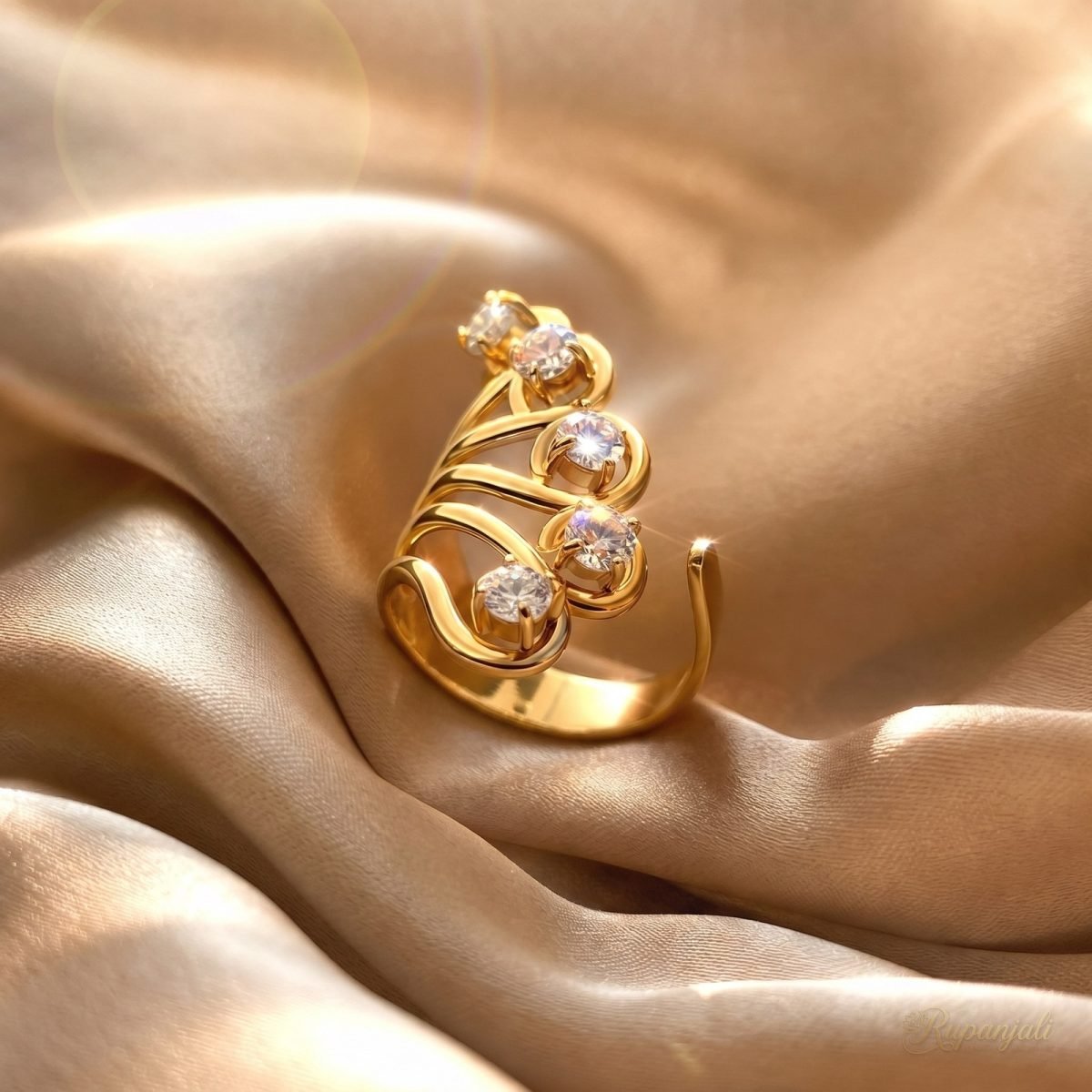Swirl Zircon Statement Ring — Adjustable Gold Wave Design 1