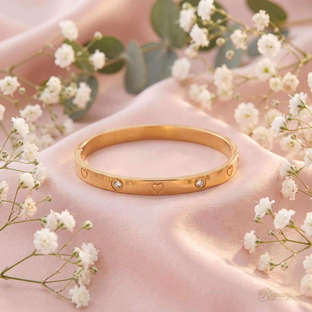 Gold Heart Love Bangle Bracelet for Women with CZ Stones 3
