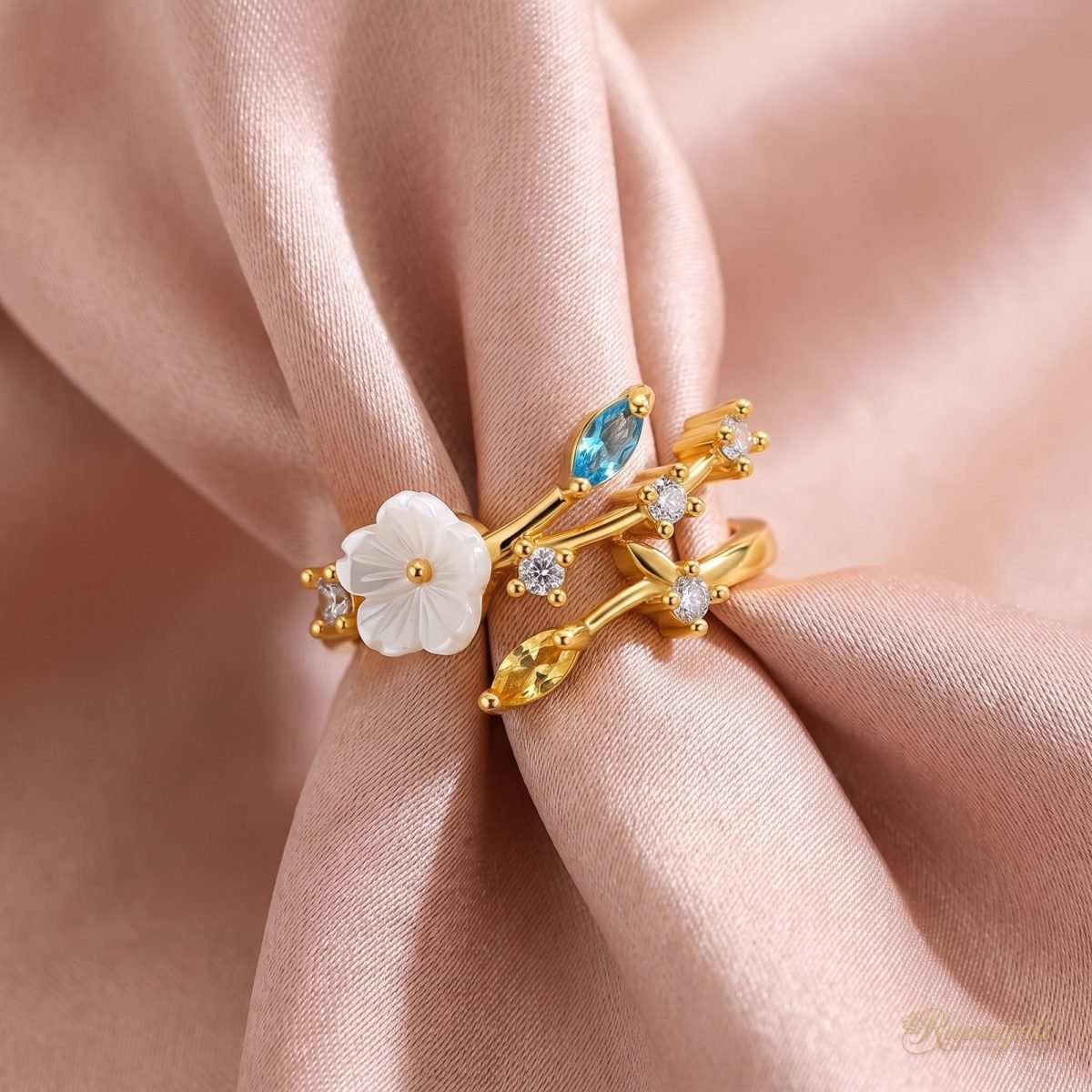 Blossom Vine Bypass Ring — Shell Flower & Marquise Buds 4