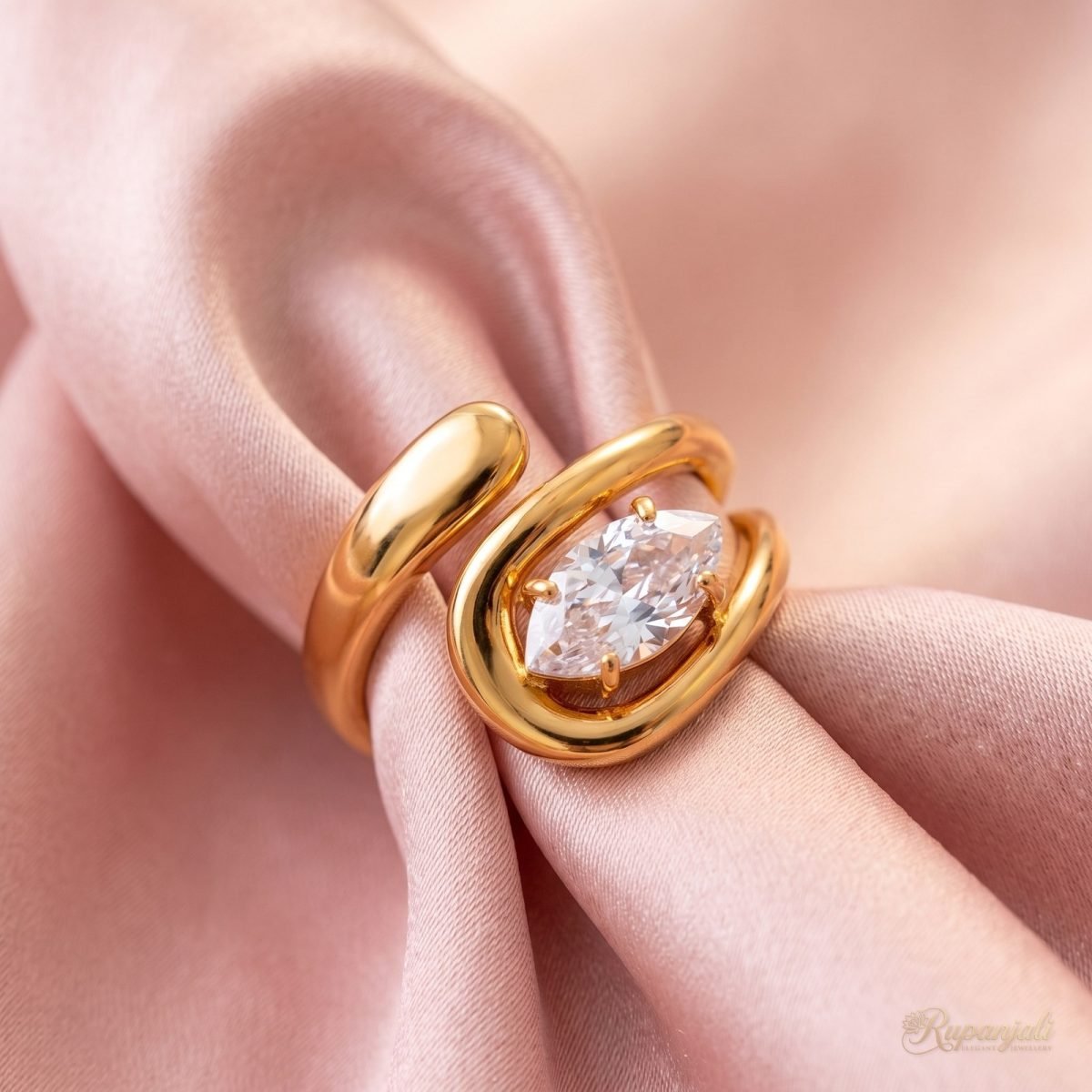 Marquise Zircon Wrap Ring — 18K Gold Plated Fluid Sculpture 4