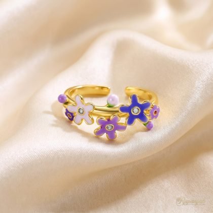 Violet Flower Cluster Ring — Enamel Blooms & Buds