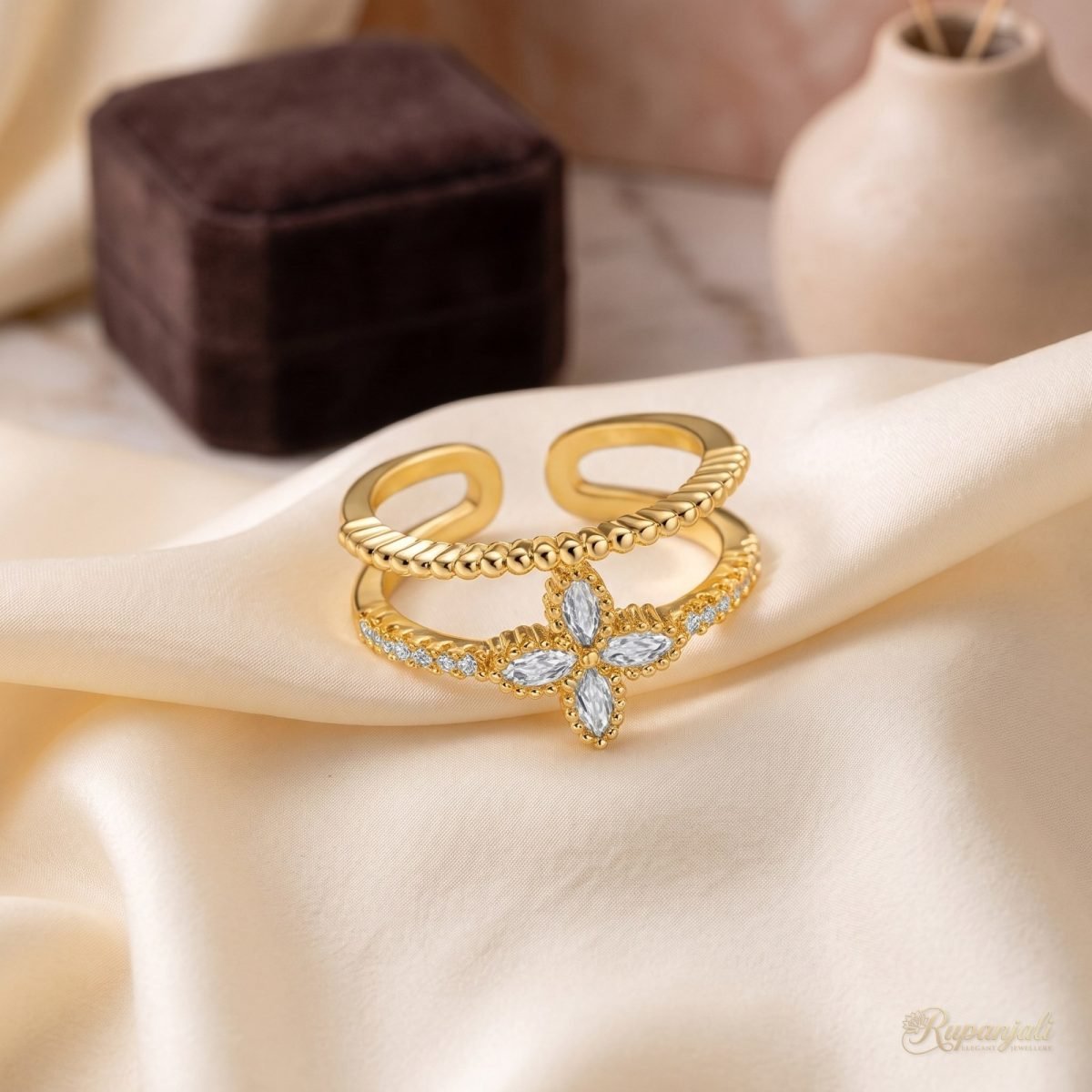 Double Band Marquise Flower Ring — Beaded & Pave Rails 2