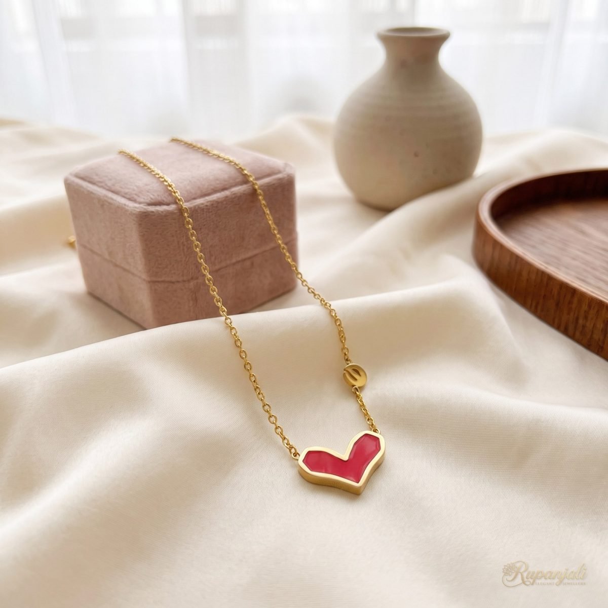 Red Heart Enamel Necklace — Gold Rim with Disc Charm 2