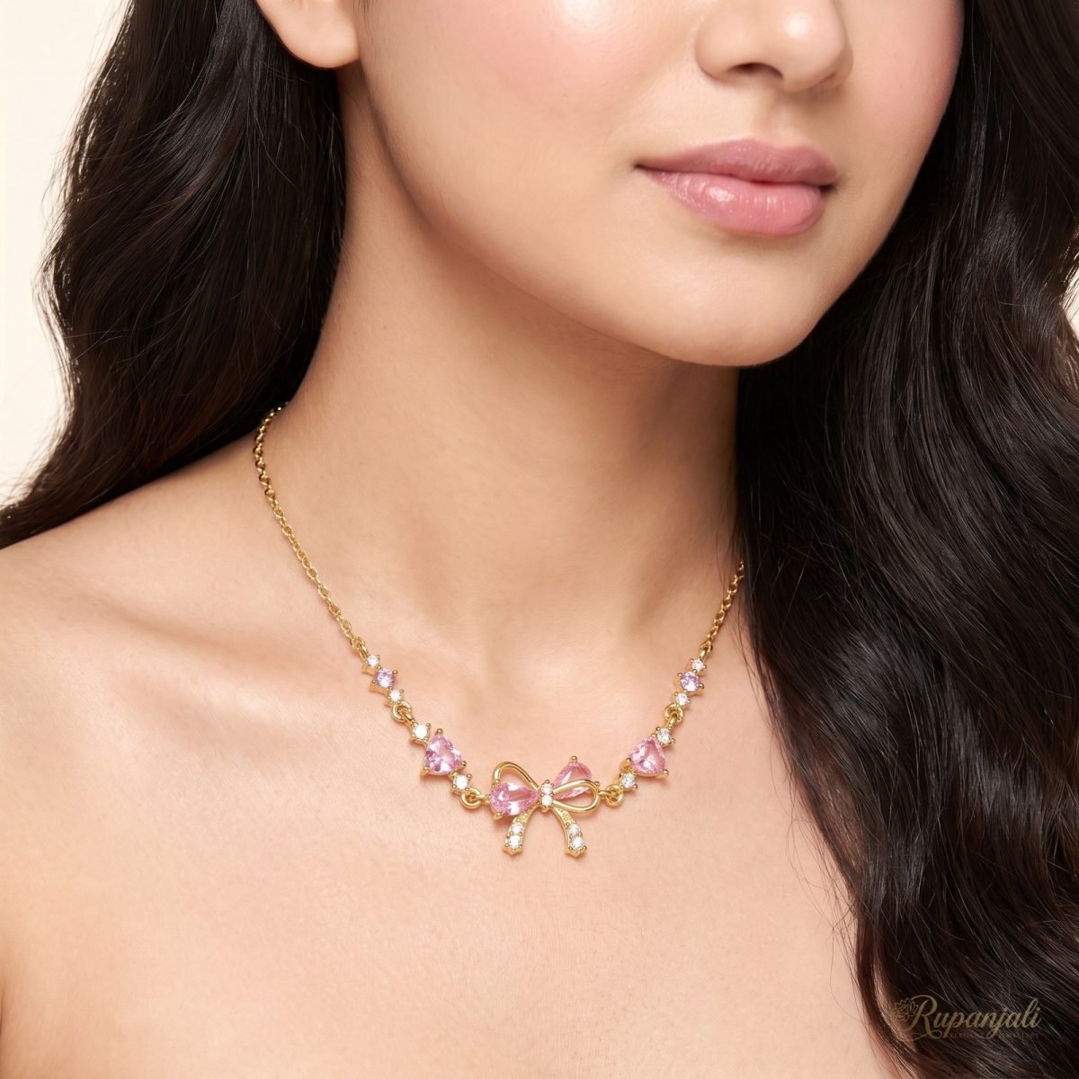 Pink Zircon Bow Necklace — Hearts & Ribbon Chain for Women 5