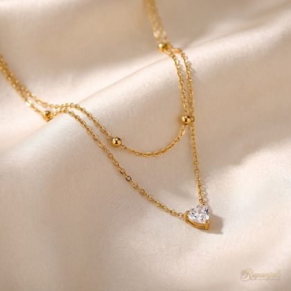 Heart Zircon Double Layer Necklace — Beaded Chain Stack