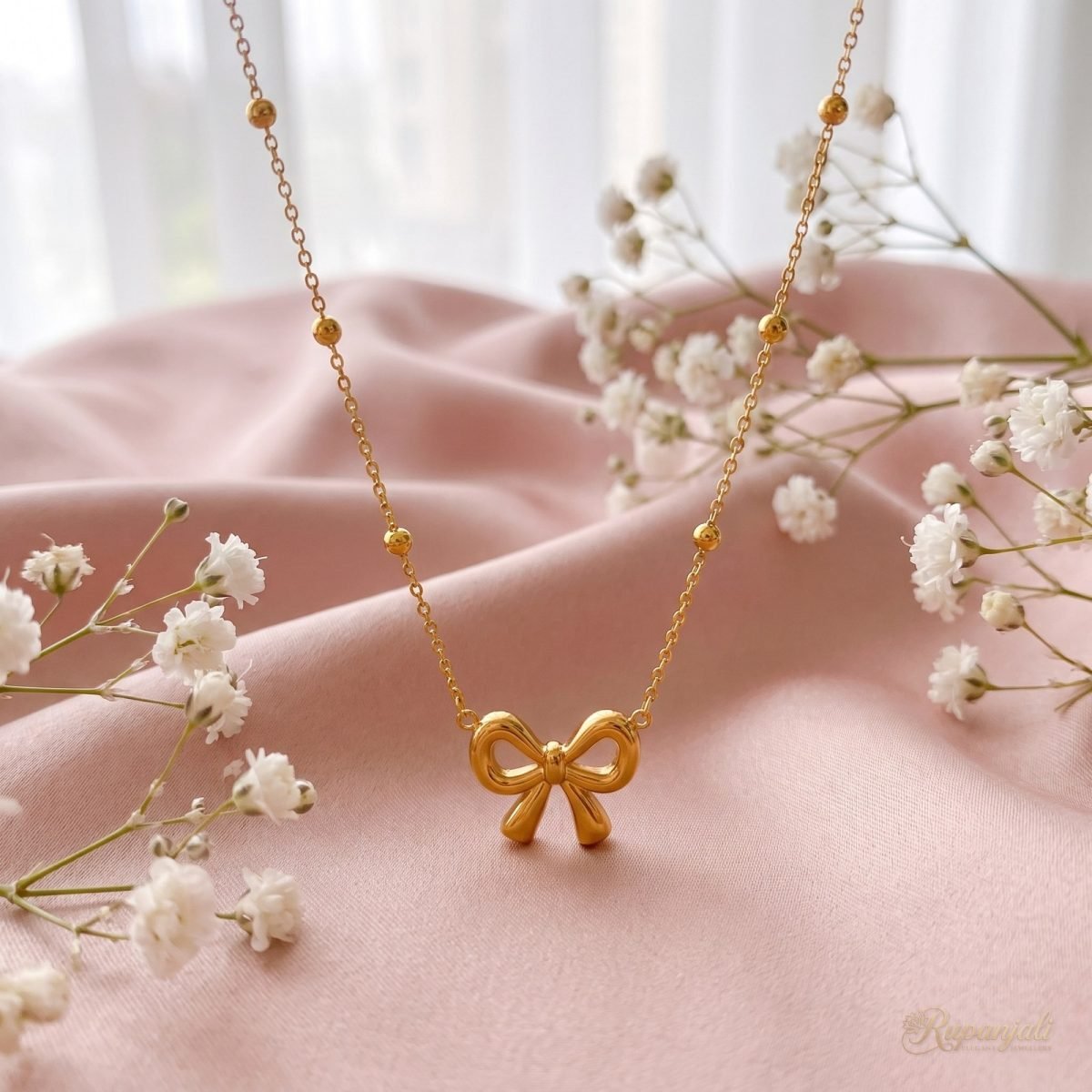 Gold Bow Necklace on Beaded Chain — Minimal Ribbon Charm 3