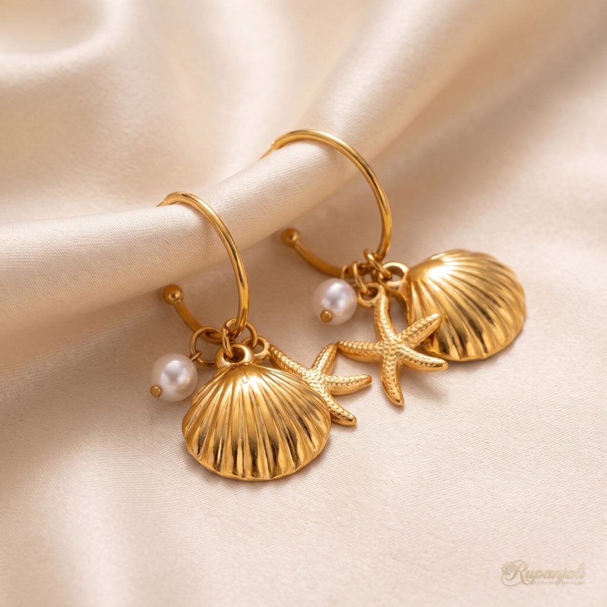 Gold Shell Starfish Pearl Hoop Earrings — Ocean Charms 1