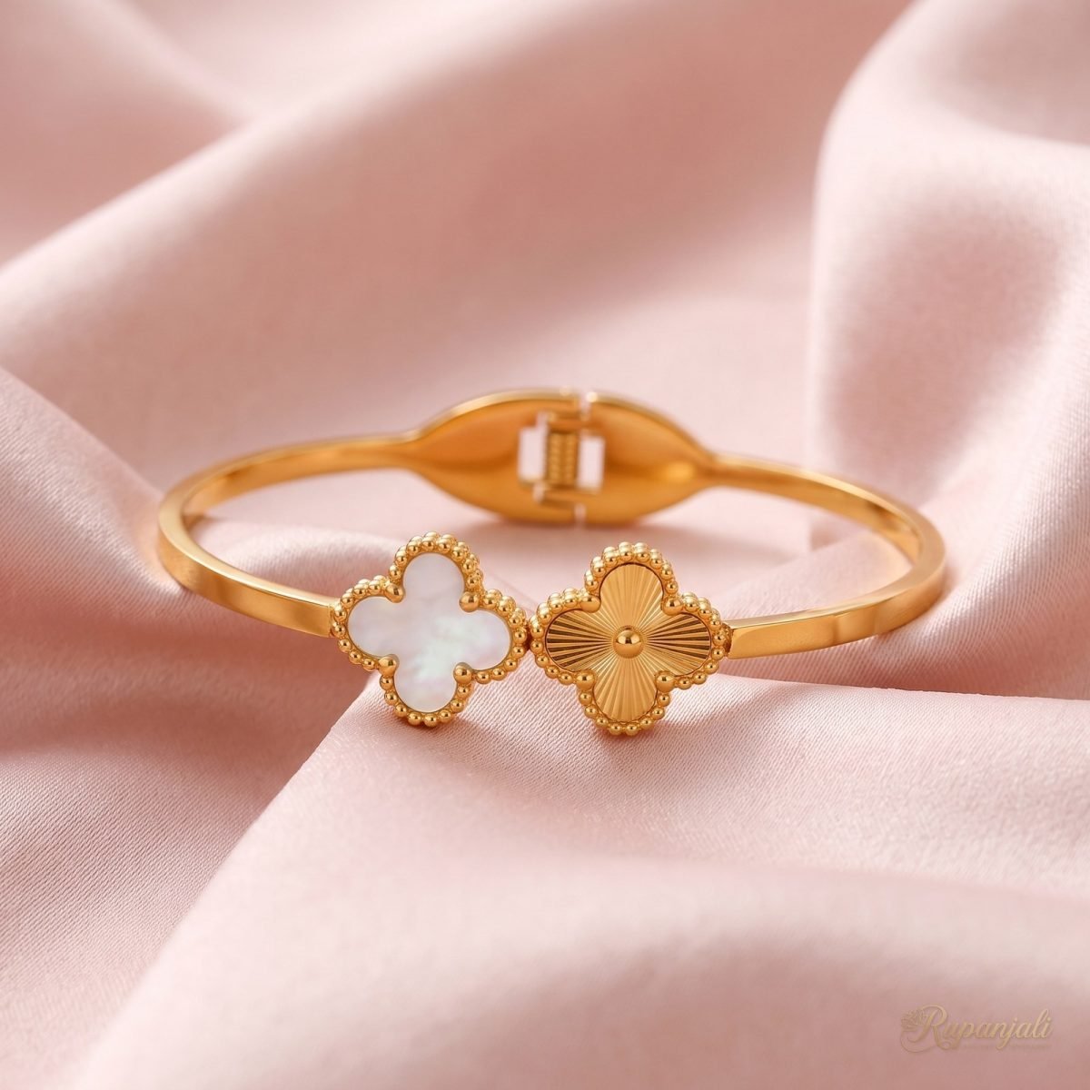 Gold Clover Bangle with Mother of Pearl — Spring Open Cuff 4