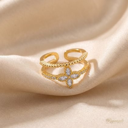 Double Band Marquise Flower Ring — Beaded & Pave Rails