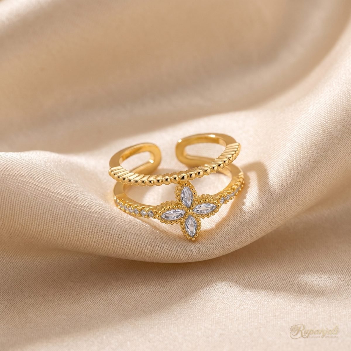 Double Band Marquise Flower Ring — Beaded & Pave Rails 1