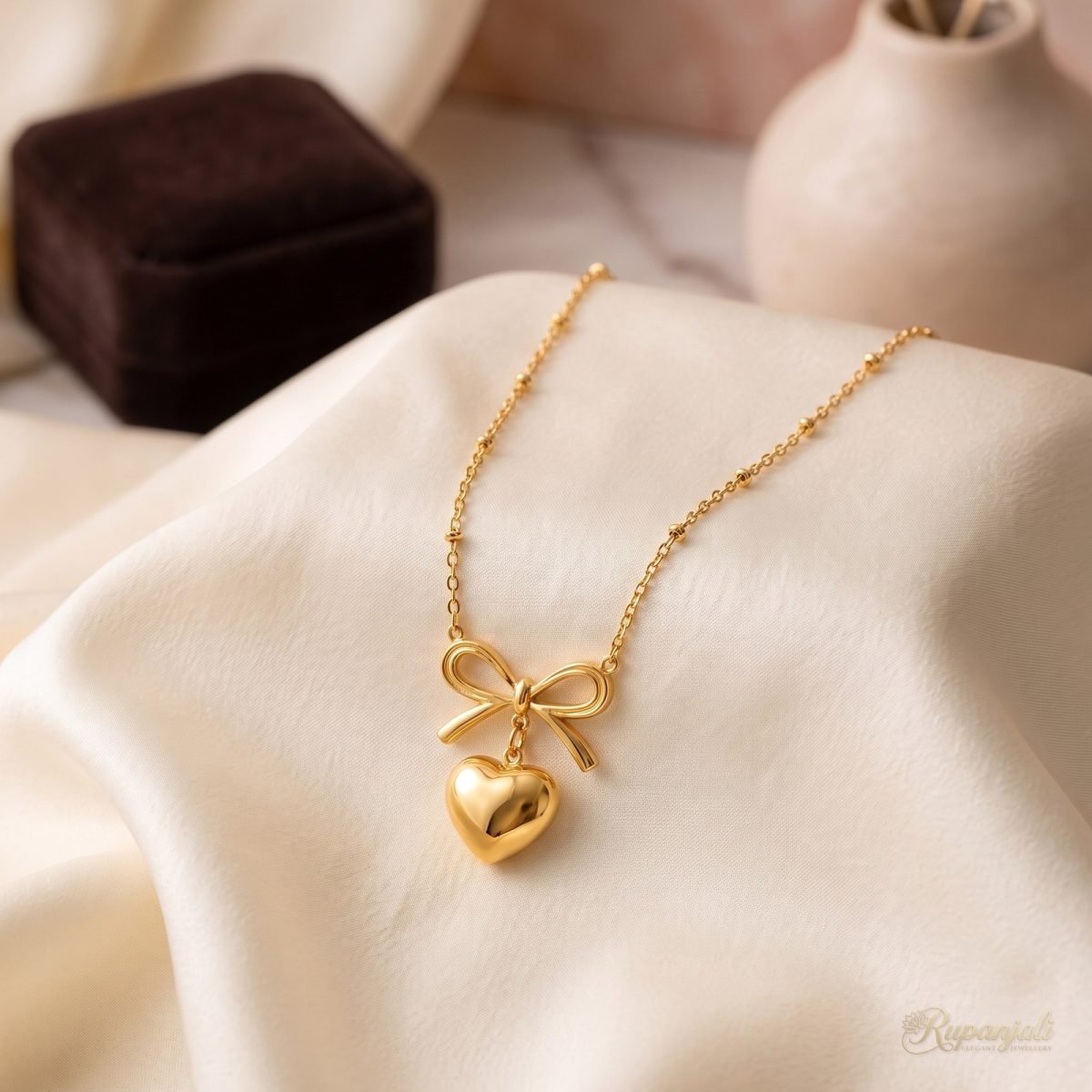 Bowknot Heart Pendant Necklace — Gold Ribbon Bow 2