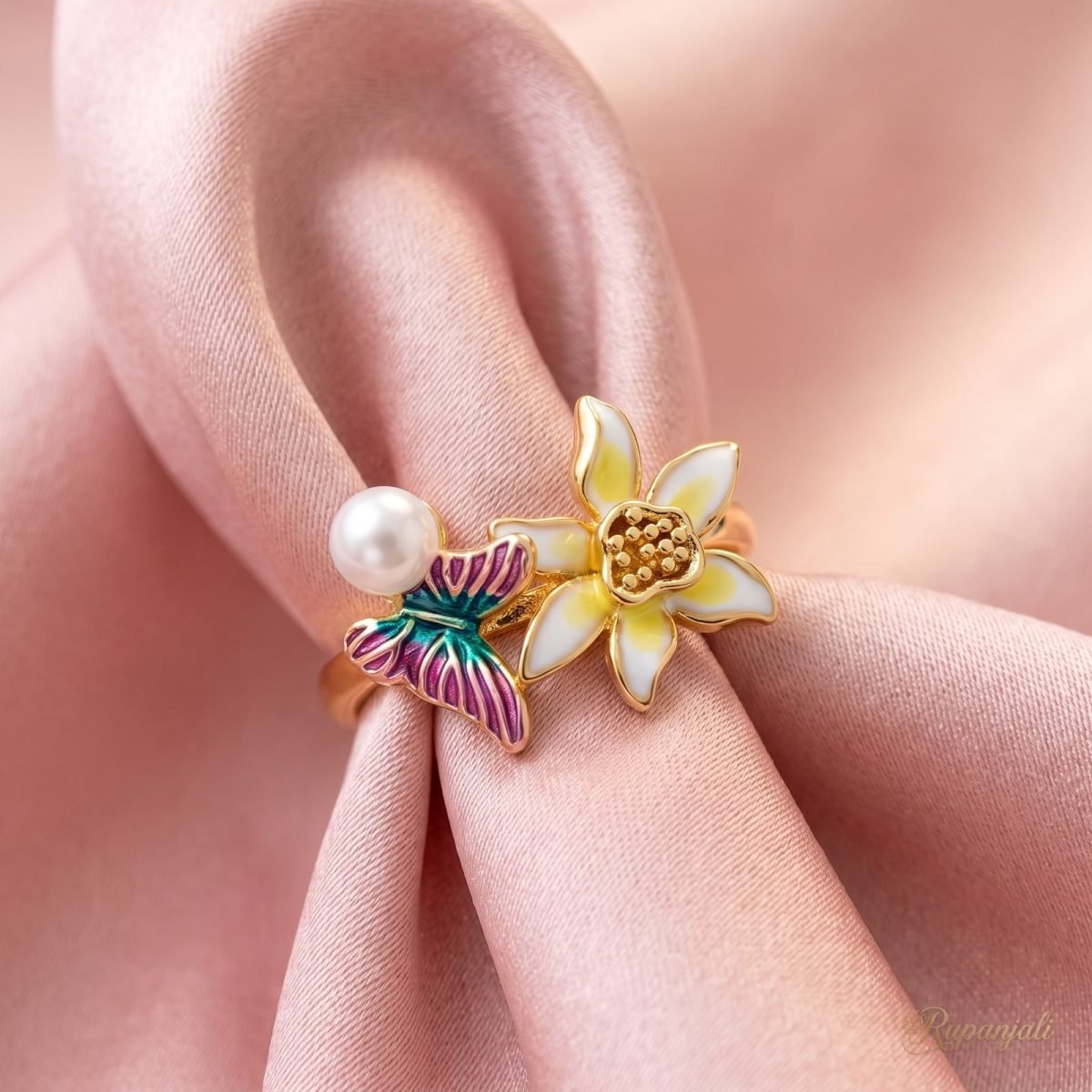 Butterfly Lily Ring — Enamel Bloom & Pearl 4