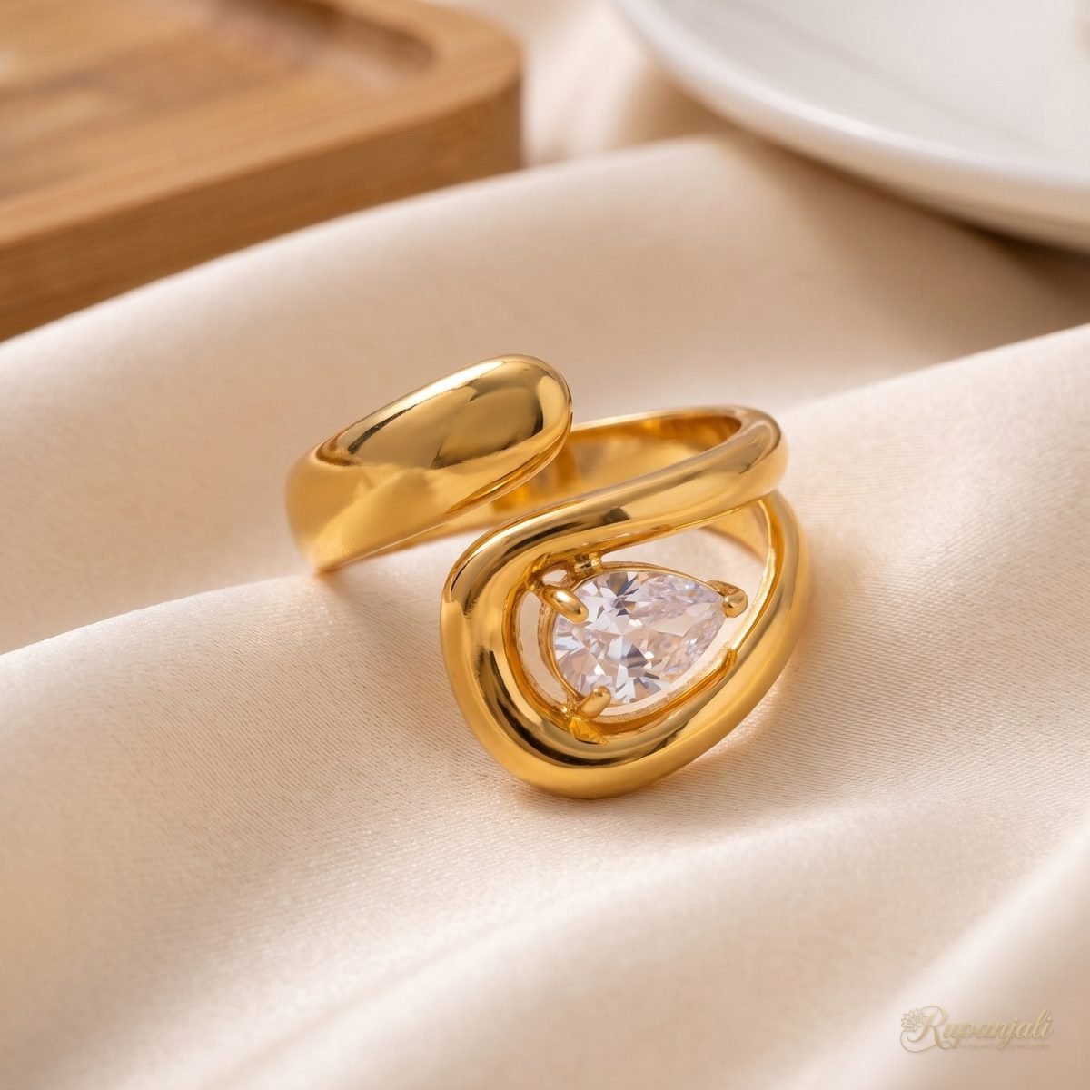 Gold Hollow Zircon Open Ring — Sculpted Pear Drop Statement 1