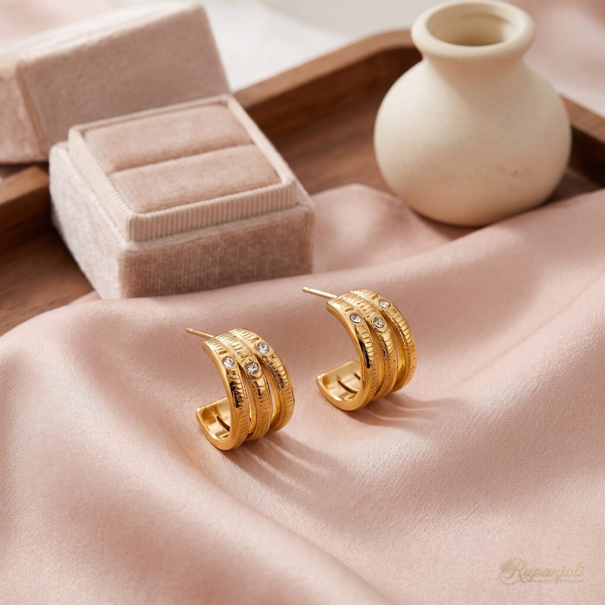 Gold Winding Line Triple Hoop Earrings with CZ for Women 2