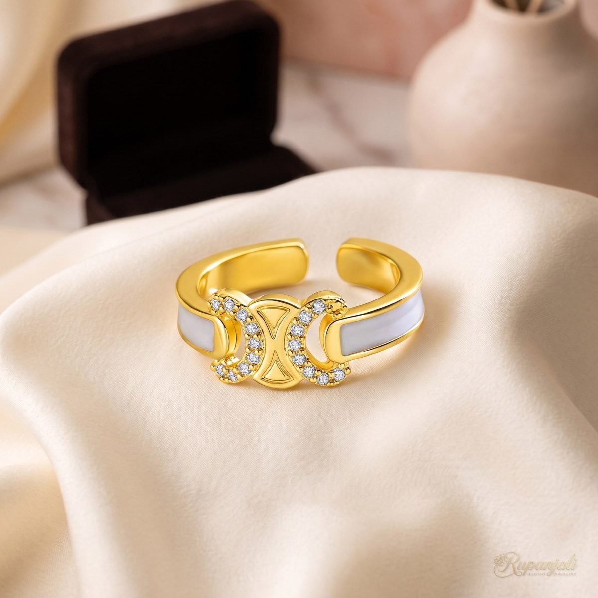 White Enamel Arc Ring — Pave Crescent Emblem 2