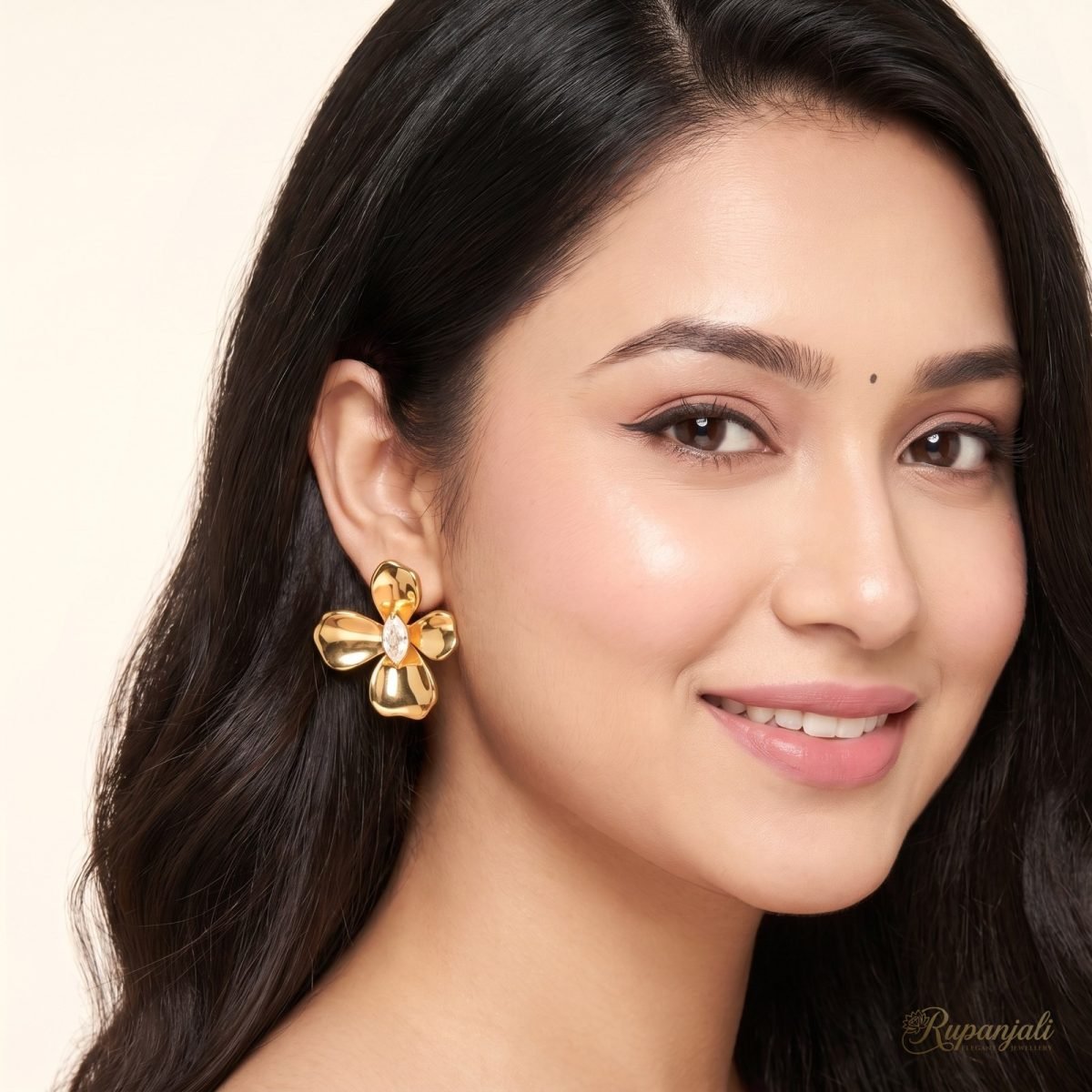 Gold Flower Stud Earrings with Marquise CZ for Women 5