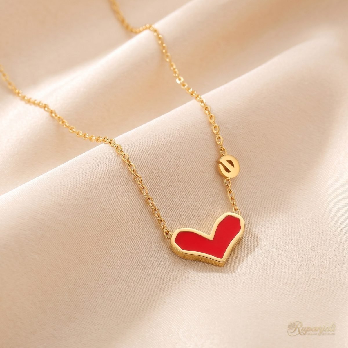 Red Heart Enamel Necklace — Gold Rim with Disc Charm 1